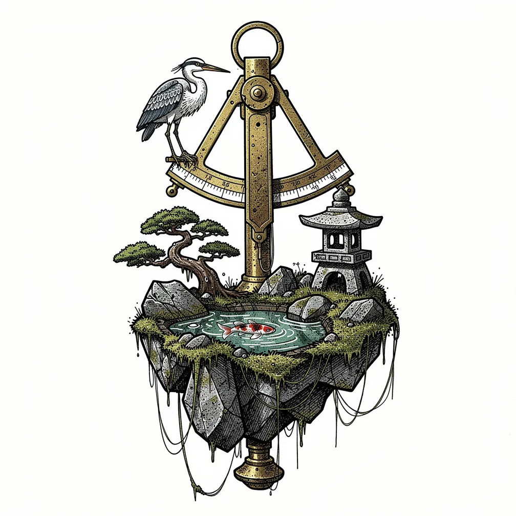 An illustrative tide-worn brass sextant opening into a floating bonsai island with mossy rocks, a tiny glass koi pond, a stone lantern, and a calm heron perched on the arm.