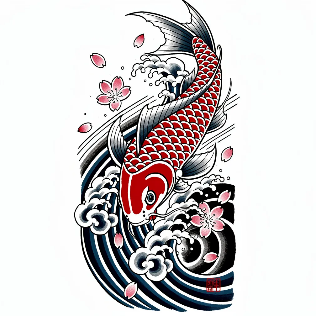 A Japanese irezumi-style koi fish swims upstream through crashing waves as cherry blossom petals drift across the water.