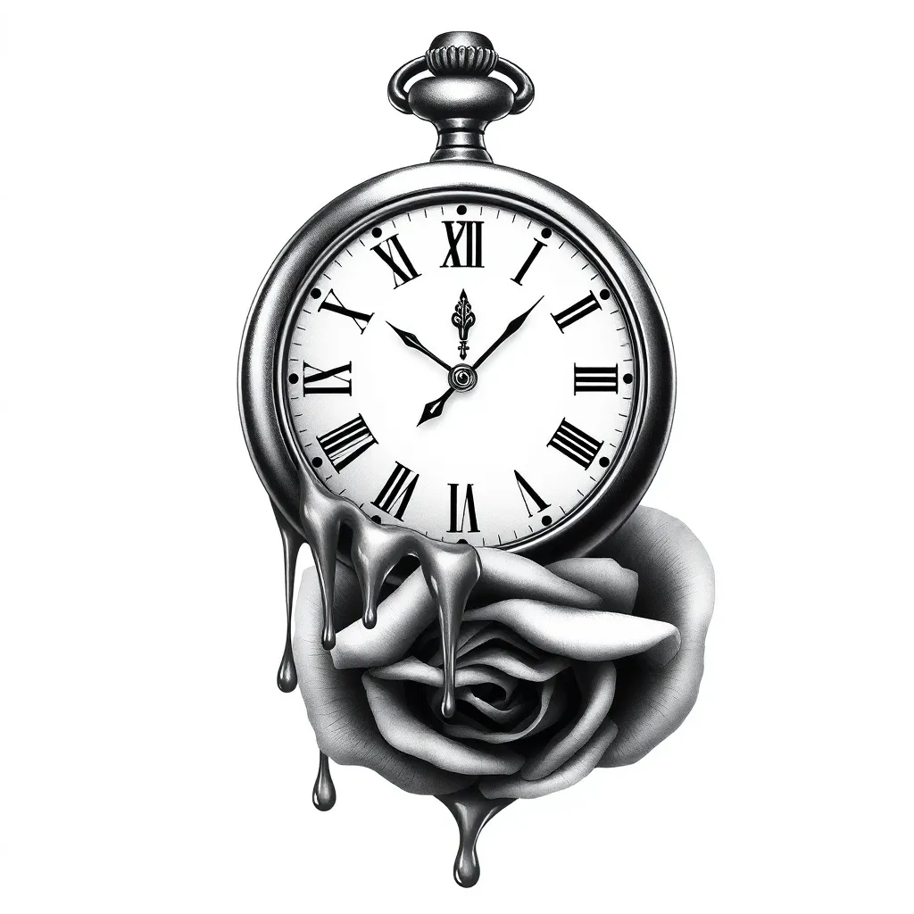 A realistic melting pocket watch draped over a wilting rose, with liquid drips of time in a surreal composition