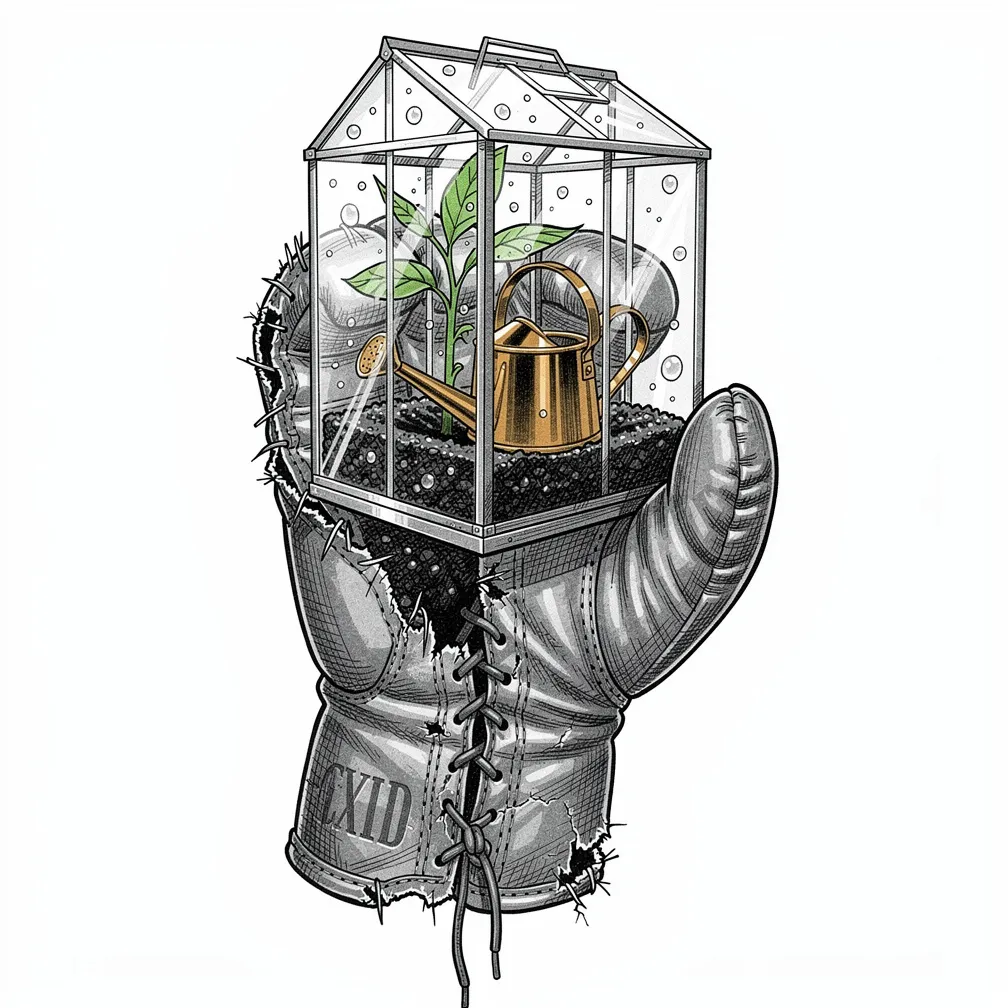 An illustrative worn leather boxing glove split open to cradle a tiny glass greenhouse with a sapling, peat, brass watering can, and dewy panes in a diagonal компози
