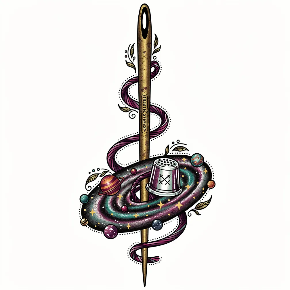 A neo-traditional worn brass knitting needle unwinds yarn into a stitched spiral galaxy with seed-stitch stars, bead planets, and a porcelain thimble astronaut on an orbit.