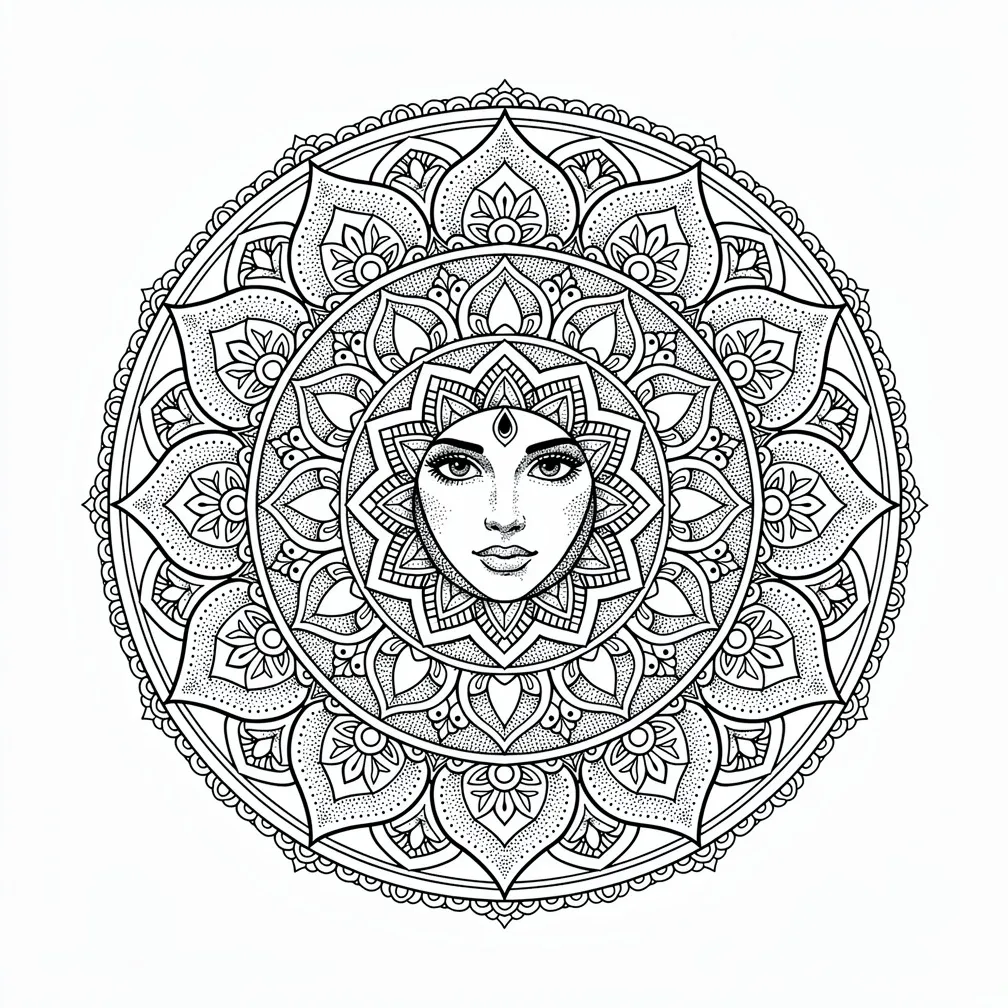 An intricate dotwork mandala of concentric rings with geometric petal motifs radiating outward in perfect symmetry