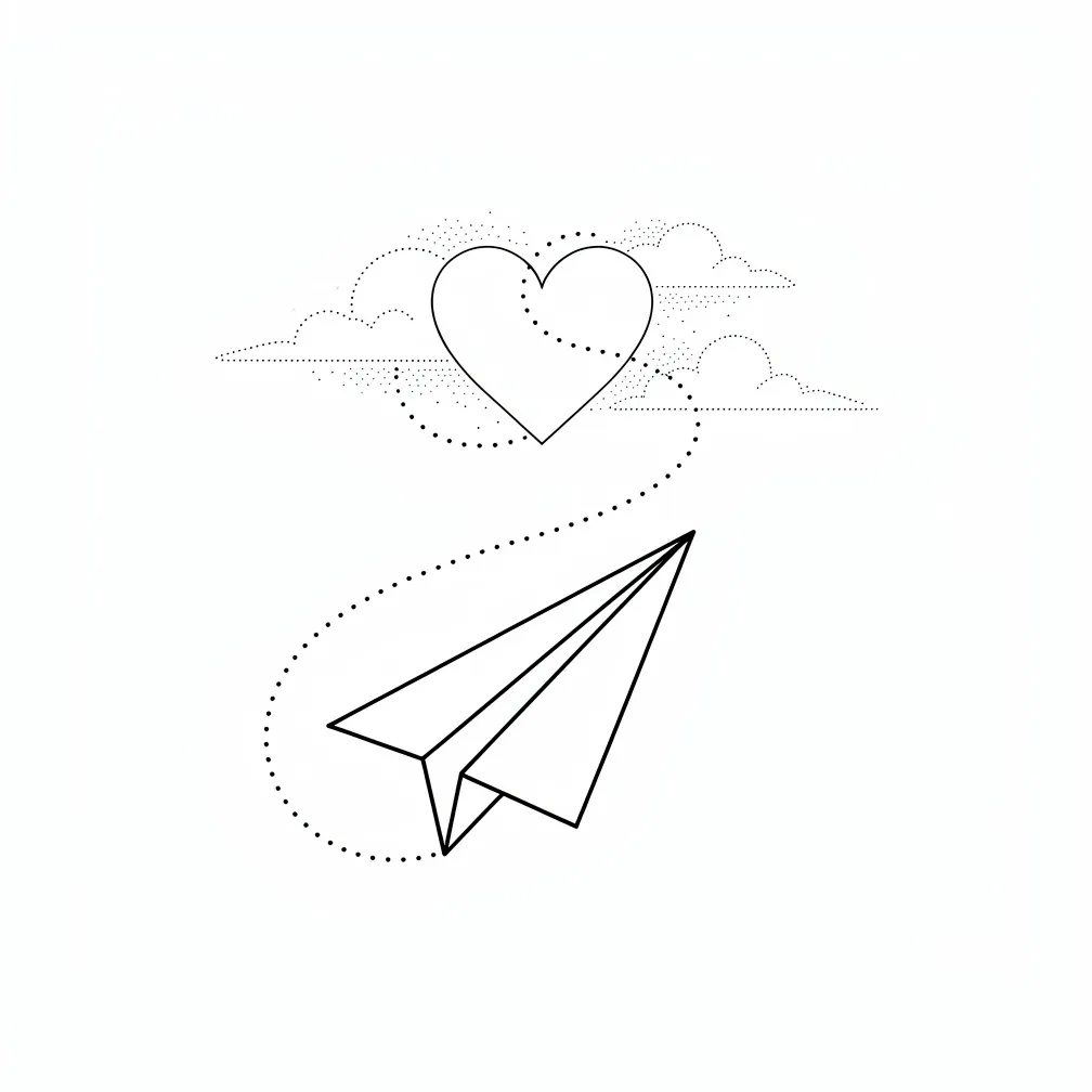 Un avión de papel minimalista en línea negra con una trayectoria de línea punteada que forma un corazón antes de dirigirse hacia unas nubes de formas sencillas