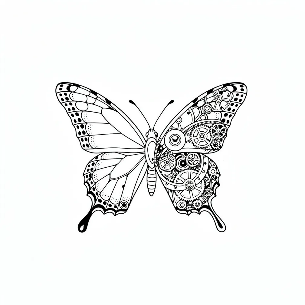 A fine-line monarch butterfly with one wing morphing into intricate clockwork gears and mechanical parts.