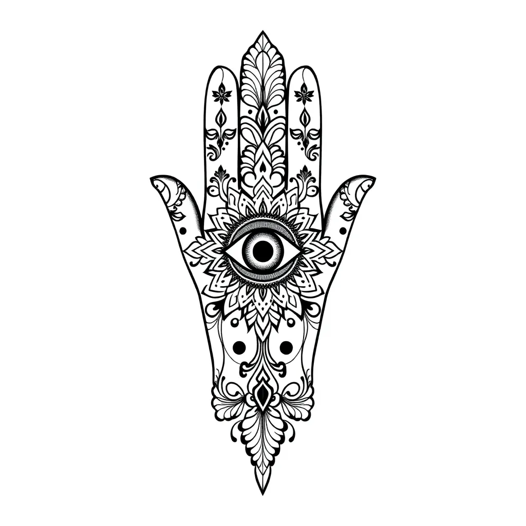 Ornamental Hamsa hand with an indigo evil eye at the center, decorated with henna-inspired patterns, mandala motifs, and protective symbols in detailed linework.