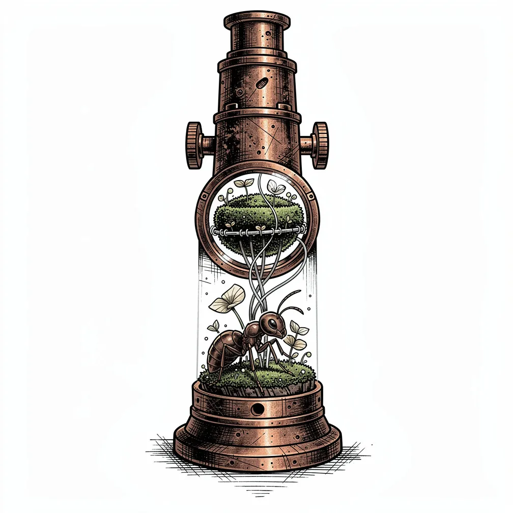 An illustrative pocket microscope in brushed copper and scratched brass, its lens opening to a mossy orbital nursery of seedling satellites tended by a gentle-faced ant.