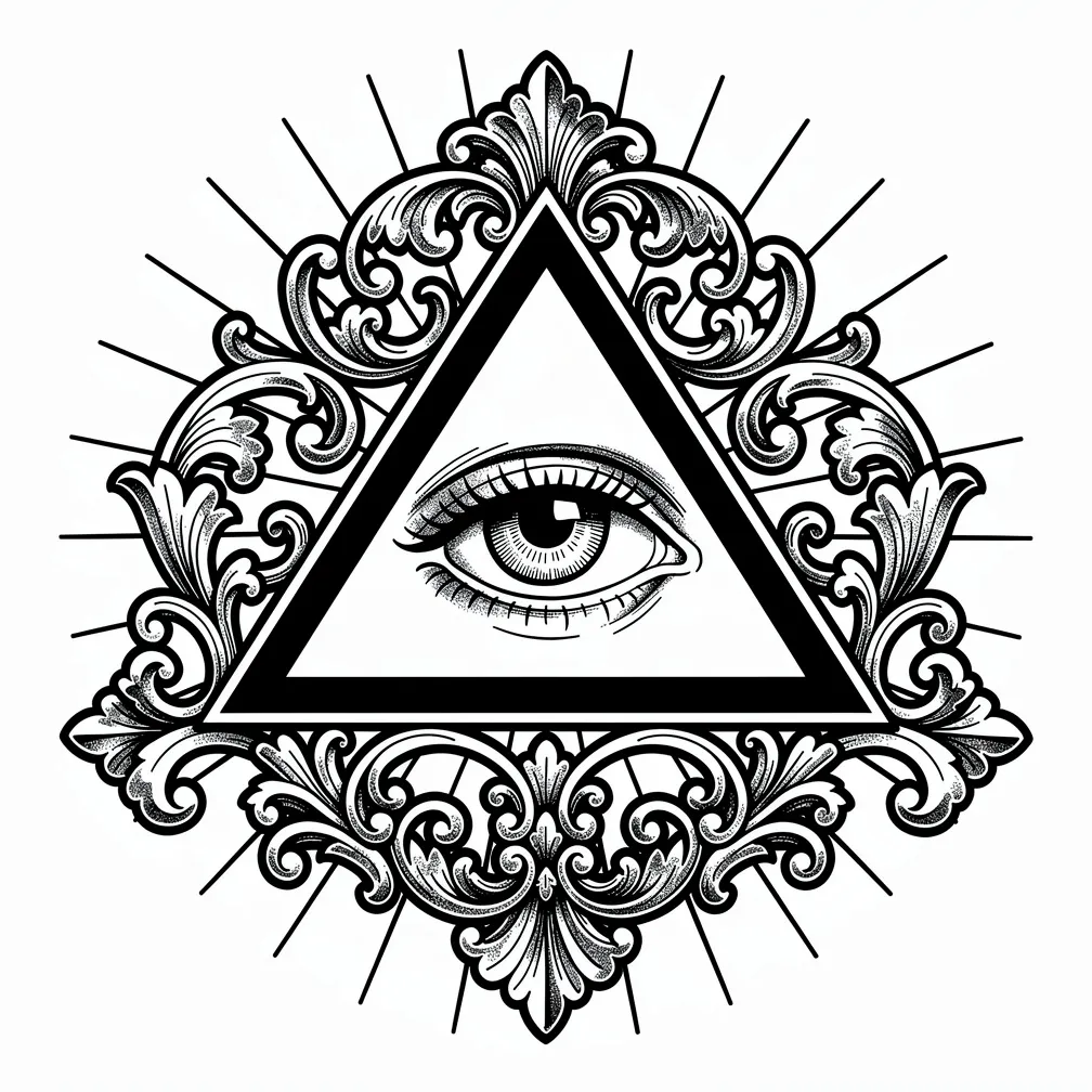 Blackwork Oko prozřetelnosti uvnitř trojúhelníku, orámované zdobeným filigránem s paprsky světla.