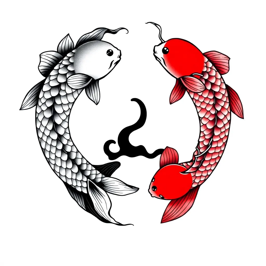 Two koi fish in a Japanese style forming a yin-yang circle, one dark and one light, with flowing water elements and traditional wave motifs.