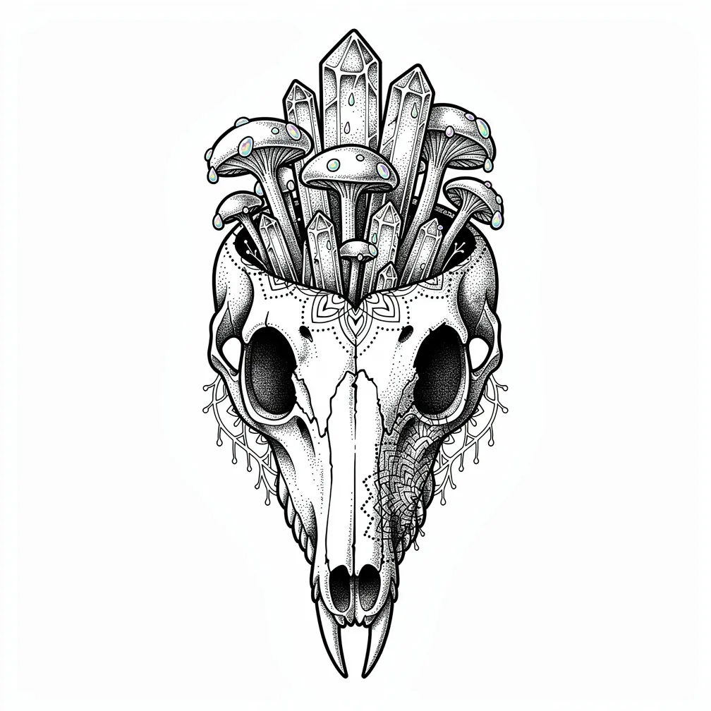 A dotwork weathered fox skull with hollow eyes, split cranium, and crystalline fungi with opal-like dew beads and mycelial lace filigree.