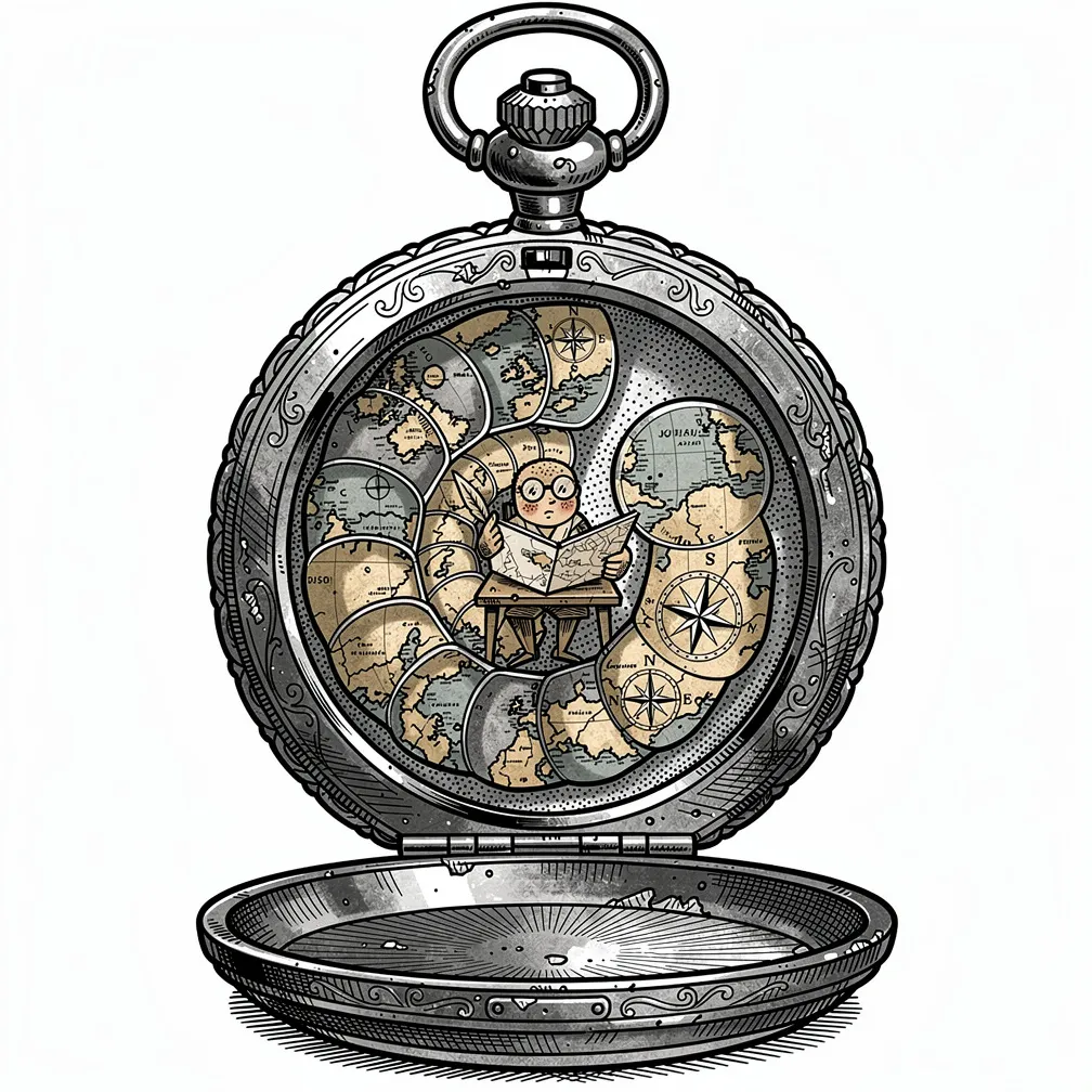 An illustrative antique pocket watch with its face replaced by a map-paper ammonite spiral inked with coastlines and compass roses, featuring a tiny freckled cartographer at the center.