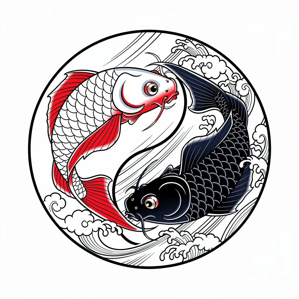 A Japanese-style yin-yang formed by two koi fish, one dark and one light, circling endlessly with flowing fins and wave accents.