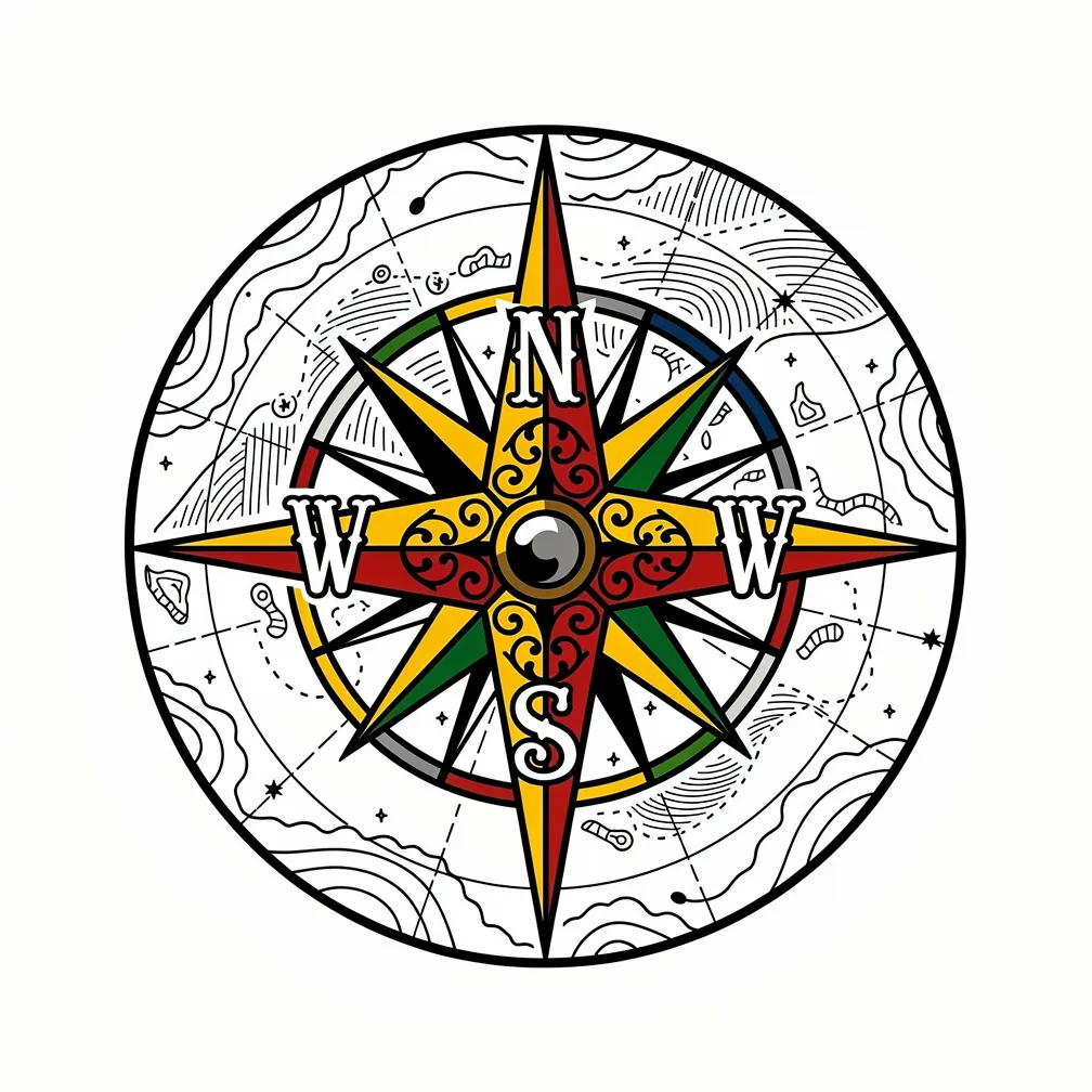 A traditional-style vintage compass rose with ornate cardinal letters, encircled by an old nautical map of uncharted waters.