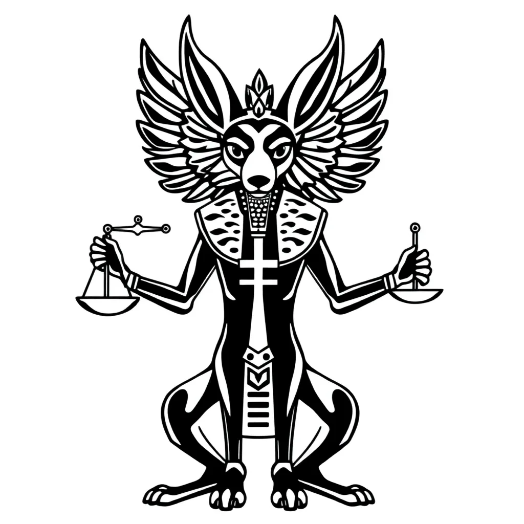 A blackwork depiction of Anubis as a jackal-headed god holding the scales of judgment with a glowing ankh in his other hand, rendered in bold black shapes and negative space.