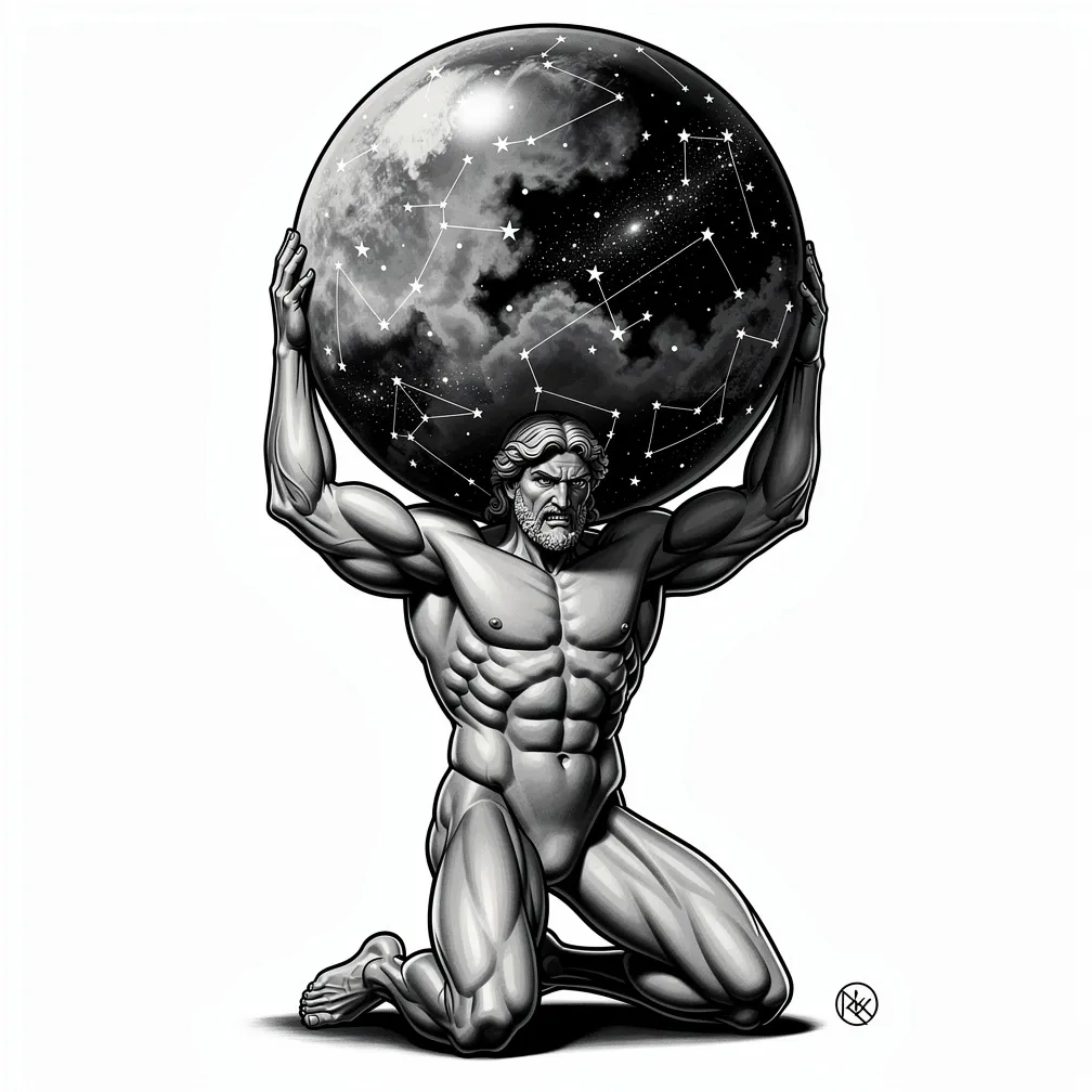 Realistic depiction of Atlas straining under a celestial sphere covered in stars and constellations, muscles detailed in lifelike shading.