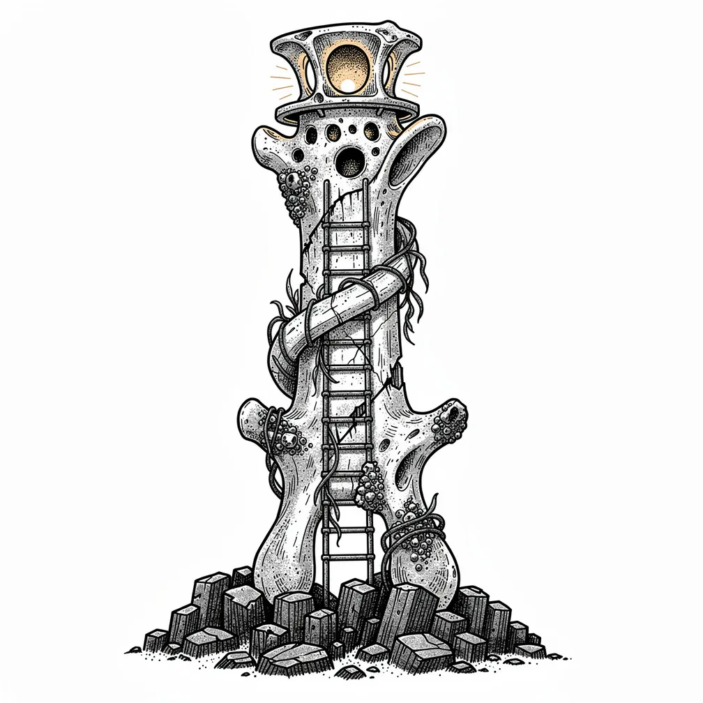 An illustrative lighthouse carved from a fossilized whale vertebra on basalt, with rib buttresses, a kelp-wrapped spiral ladder, and warm amber lantern light glowing through porous bone.