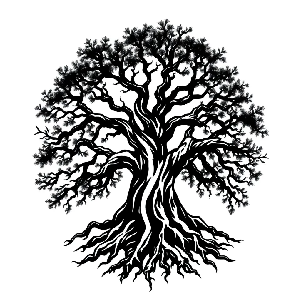 A blackwork depiction of an ancient gnarled oak with exposed deep roots and a full moon shining through twisted branches