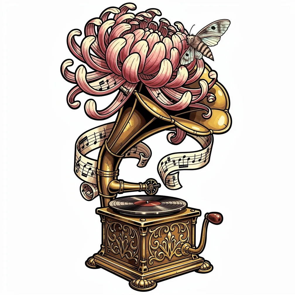 A neo-traditional antique brass phonograph horn blooming into a chrysanthemum of sheet-music petals, with musical notes veining each petal and a small silver moth resting on the rim.