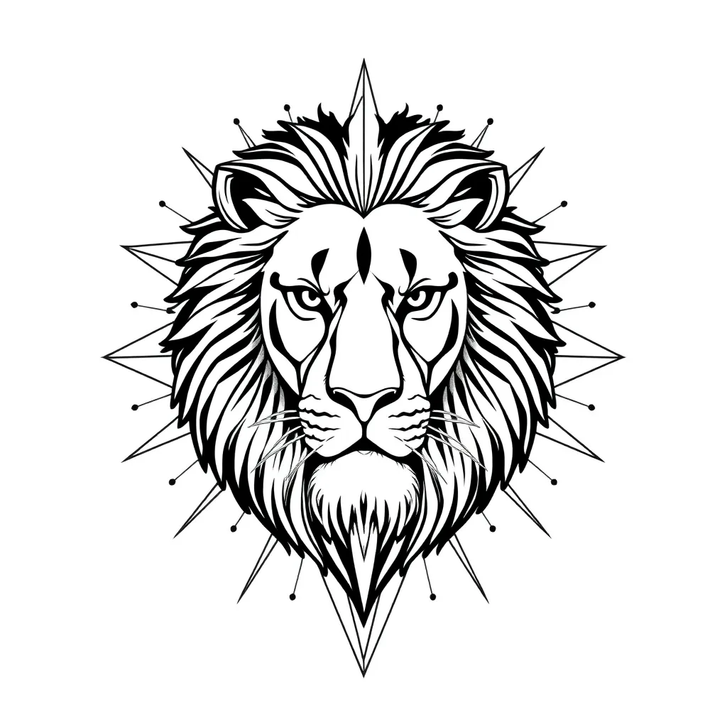 A geometric-style regal lion portrait whose flowing mane dissolves into intricate sacred geometry patterns in precise black and grey linework