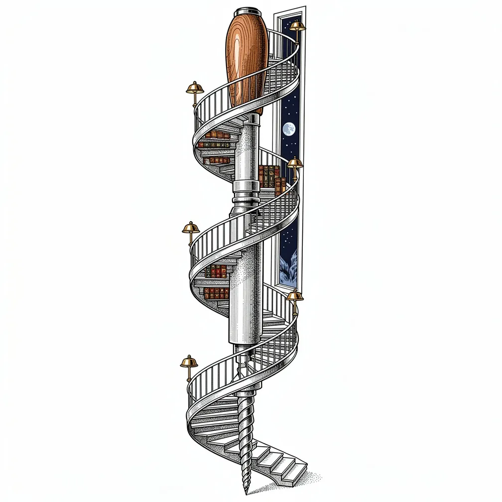 A fine-line antique dentist hand-drill whose spiral bur becomes a vertical library staircase with tiny books, lamps, and a moonlit window.