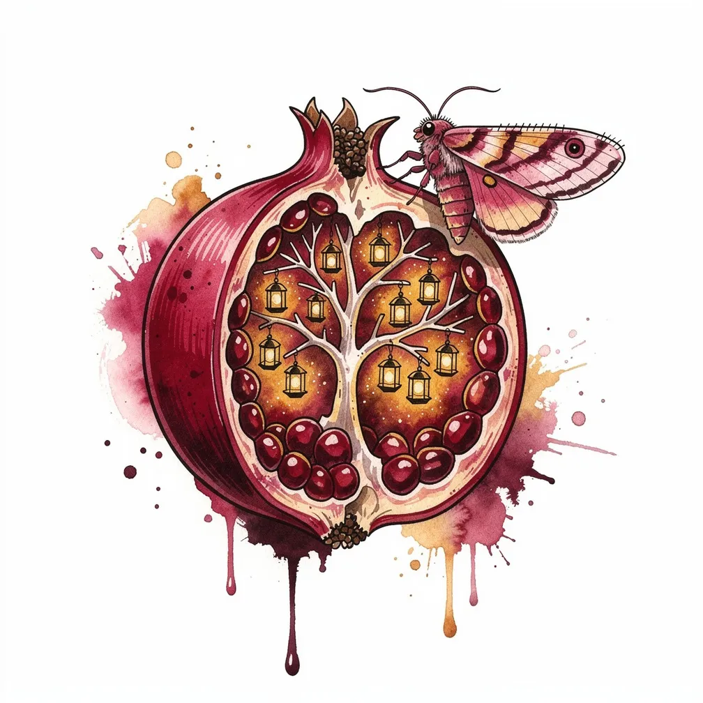 A watercolor split pomegranate with crimson rind and glowing lantern-like seeds, lit from within like a tiny orchard, with a stitched moth dusting light.