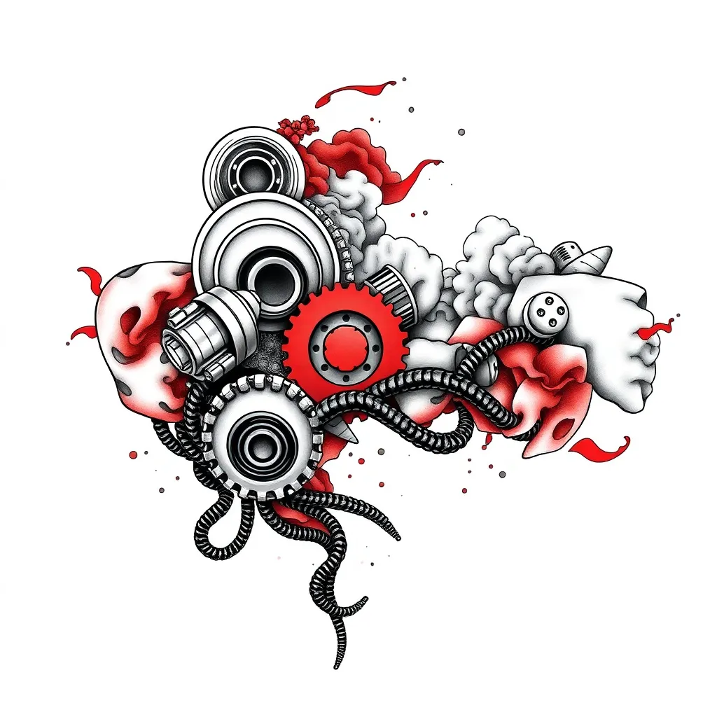 Japanese-influenced biomechanical arm sleeve with torn skin revealing pistons, gears and hydraulic lines in black-and-grey with red accents.