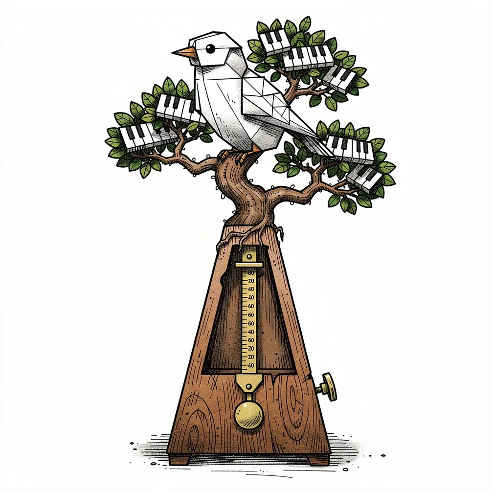 An illustrative antique metronome with a swinging arm growing into a lamp-lit bonsai of piano-key leaves, cradling an origami nightingale mid-song.