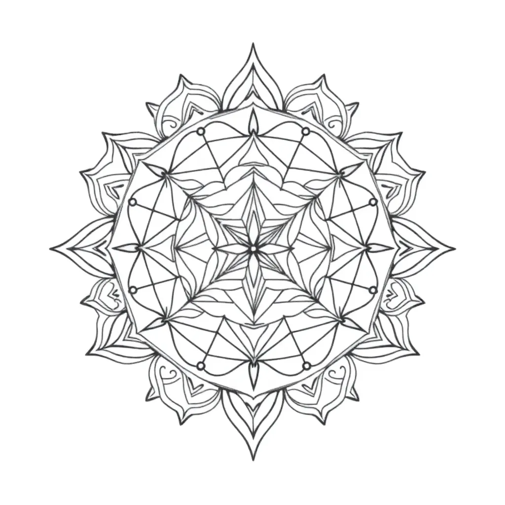 A geometric sacred-geometry mandala featuring a central Flower of Life, an overlaid Metatron's Cube, and radiating golden-ratio spirals in precise linework and gold accents.