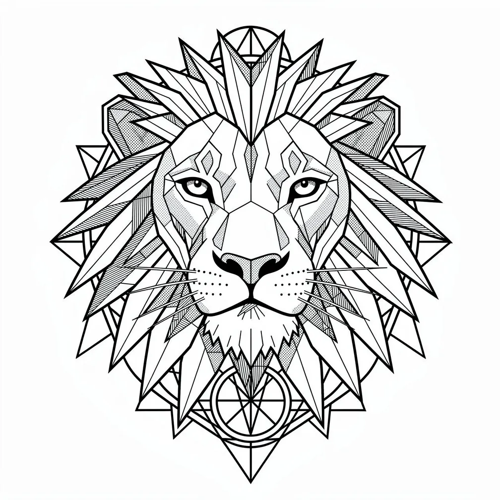 A geometric lion portrait with a flowing mane dissolving into sacred geometry patterns in crisp linework.