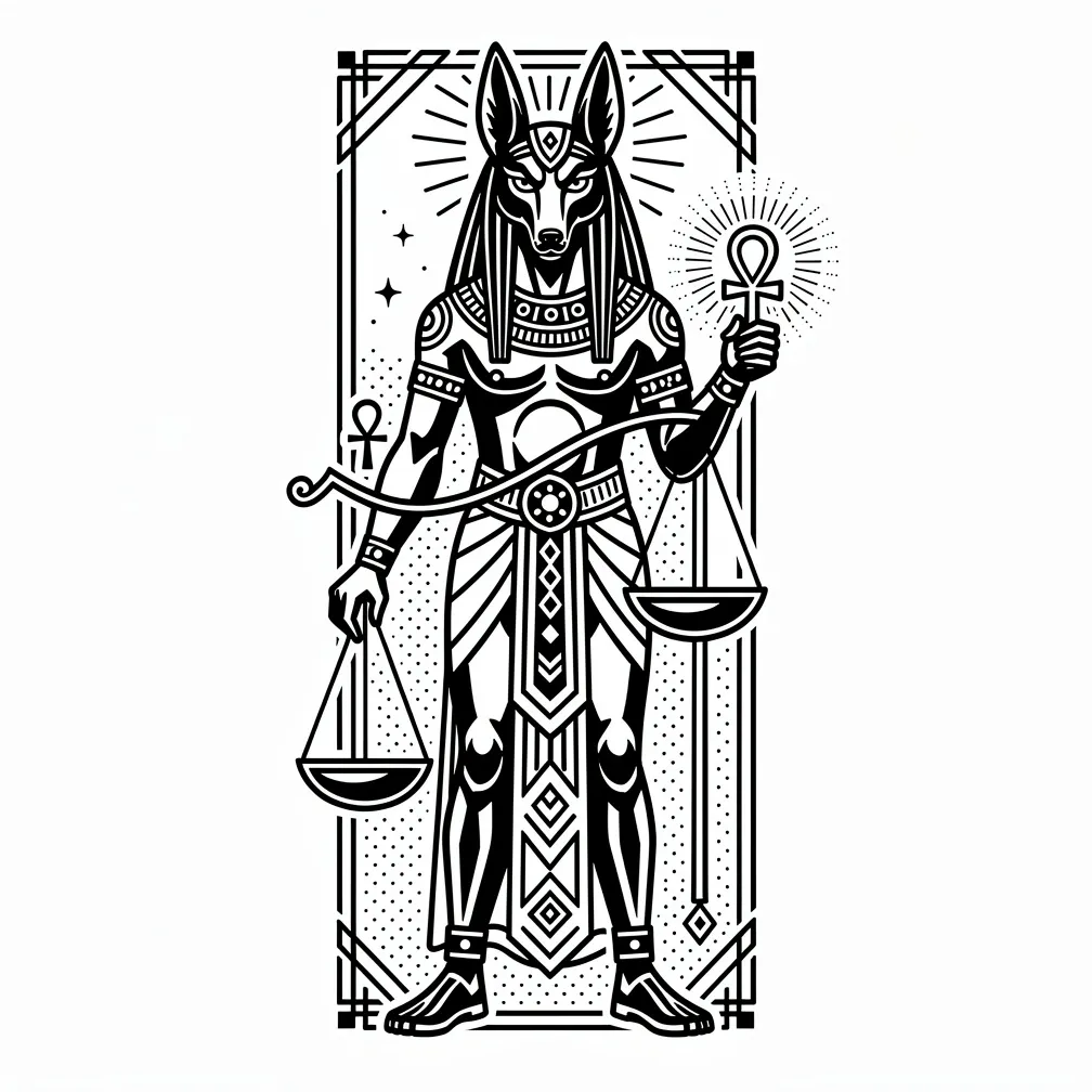 A blackwork Anubis holds the scales of judgment while a glowing ankh rests in his other hand, rendered with bold black contrast.
