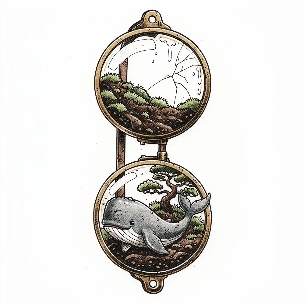 An illustrative pair of dented antique round spectacles holds a tiny terrarium with mossy soil and a curled miniature whale in warm amber lamp-glow.