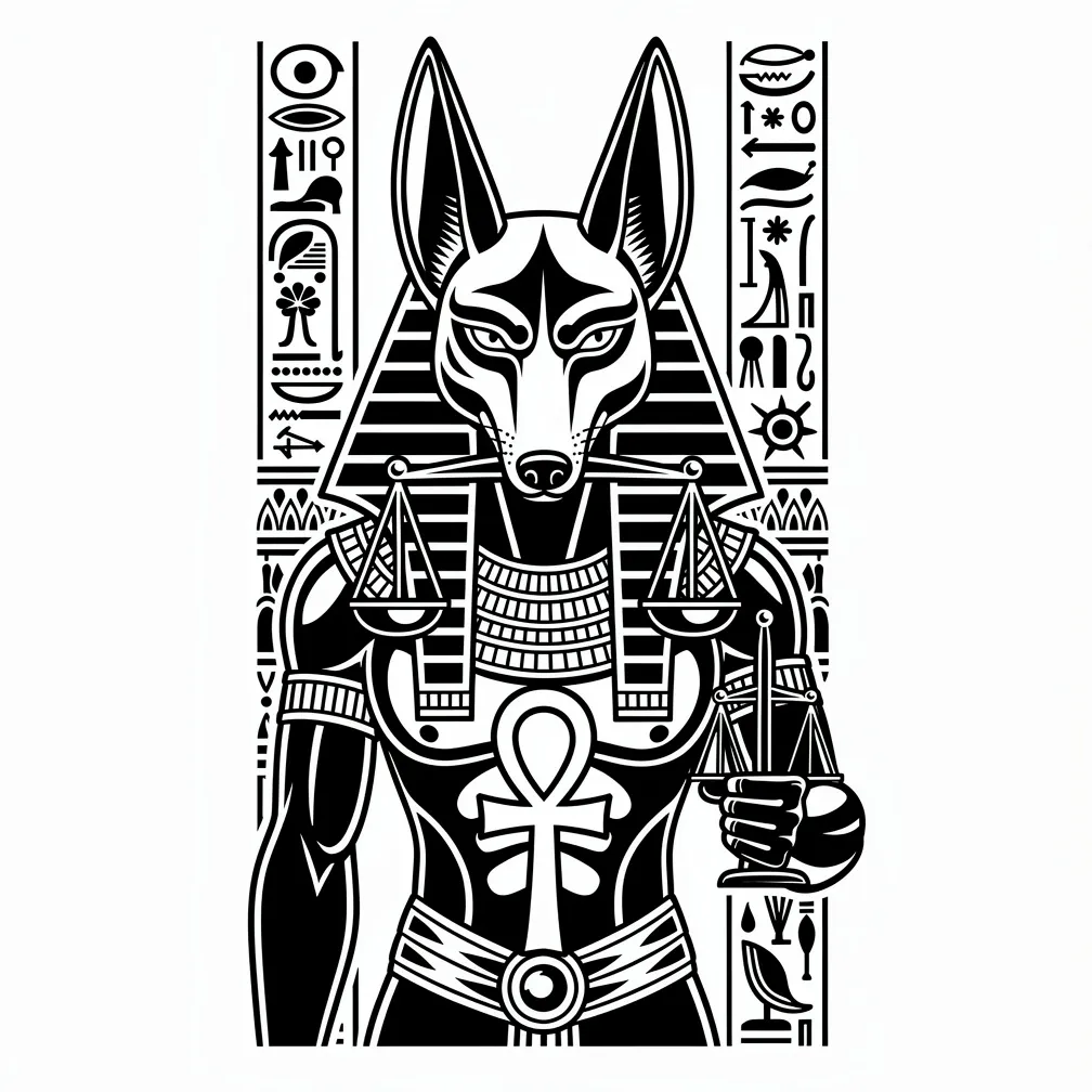 Blackwork depiction of Anubis the jackal god holding scales of judgment with a glowing ankh in his other hand, bold black shapes and negative space