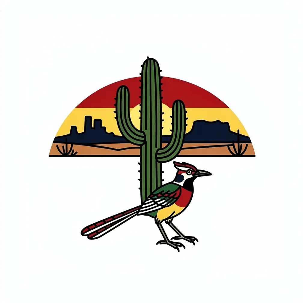 A traditional tattoo of a golden-hour desert scene with towering saguaro cacti, a roadrunner in the foreground, and mesas silhouetted against a warm sunset.