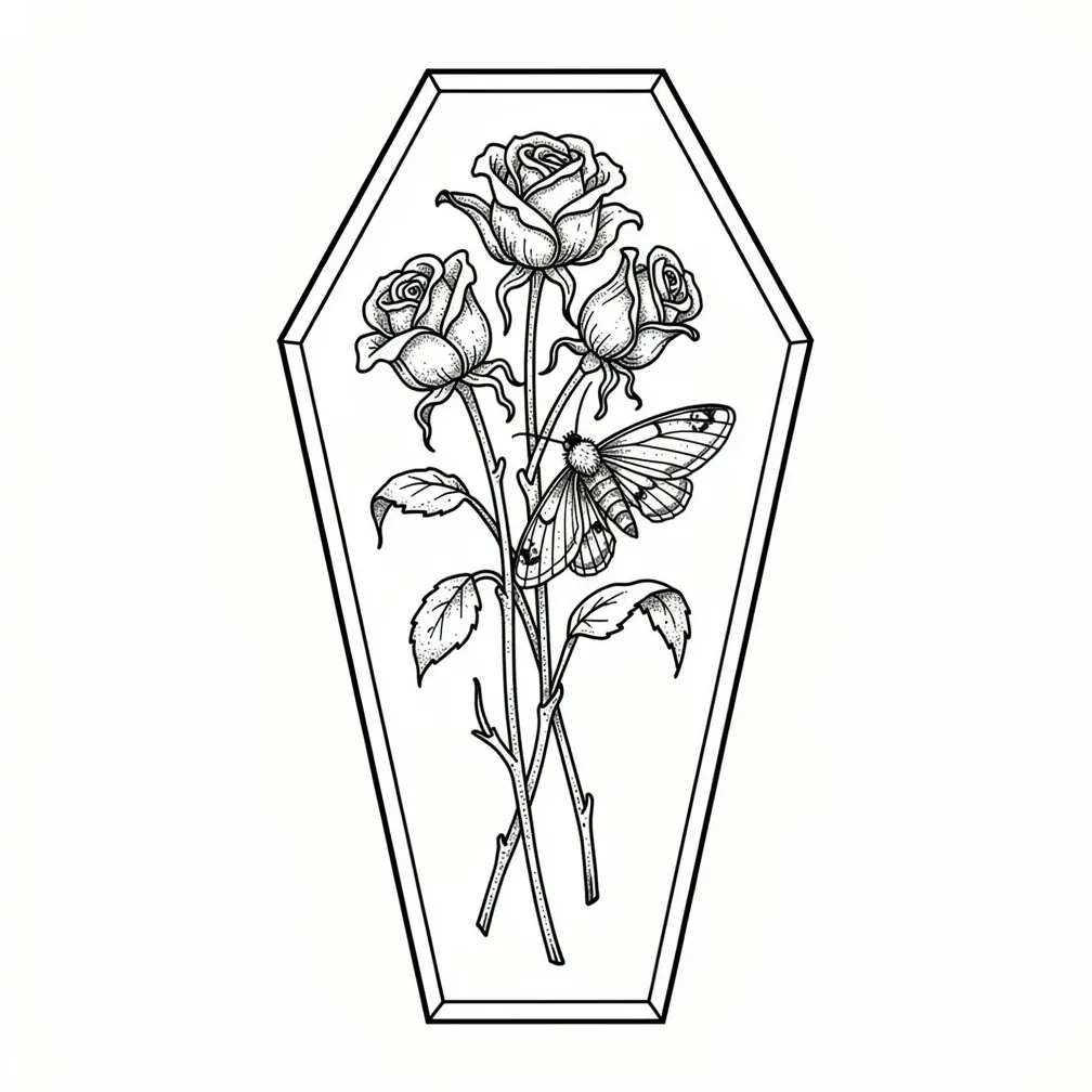 A fine-line coffin-shaped frame holding a bouquet of dead, wilted roses with a moth resting on a drooping petal.