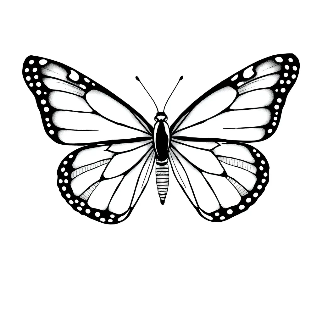 A fine-line monarch butterfly whose right wing dissolves into intricate clockwork gears and mechanical parts, blending organic and mechanical detail.
