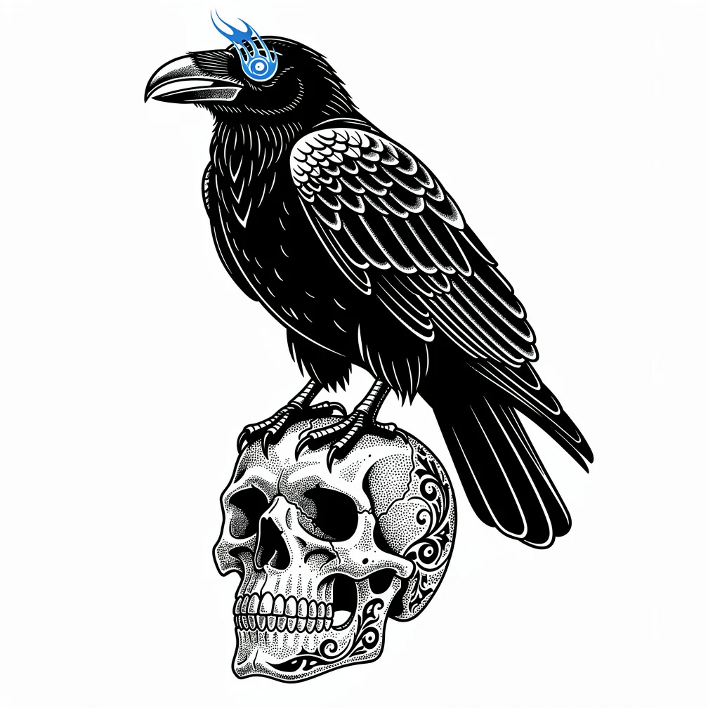 A blackwork raven perched on a human skull, its feathers finely detailed and one eye burning with an ethereal blue flame.
