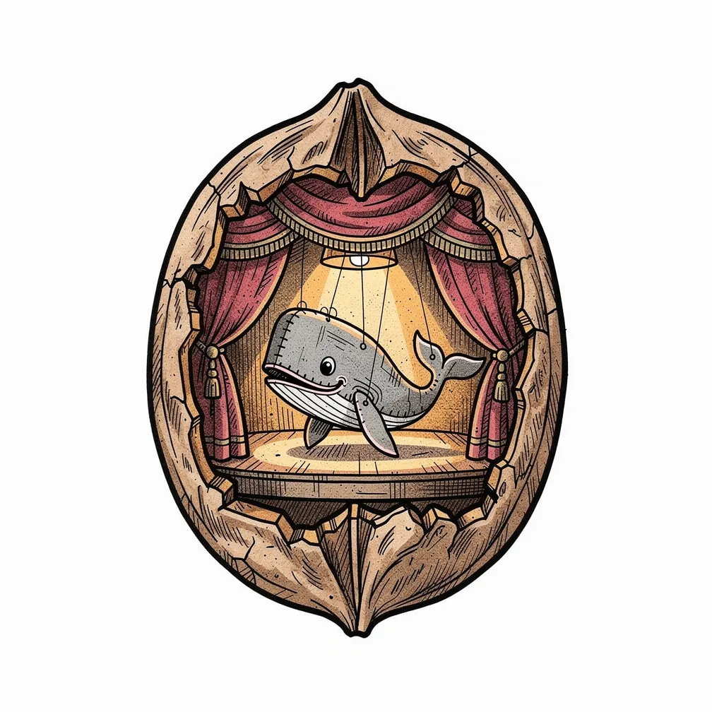 An illustrative hollow walnut shell opened like a curtain to reveal a tiny amber-lit puppet theater with a paper marionette whale bowing beneath a velvet proscenium.
