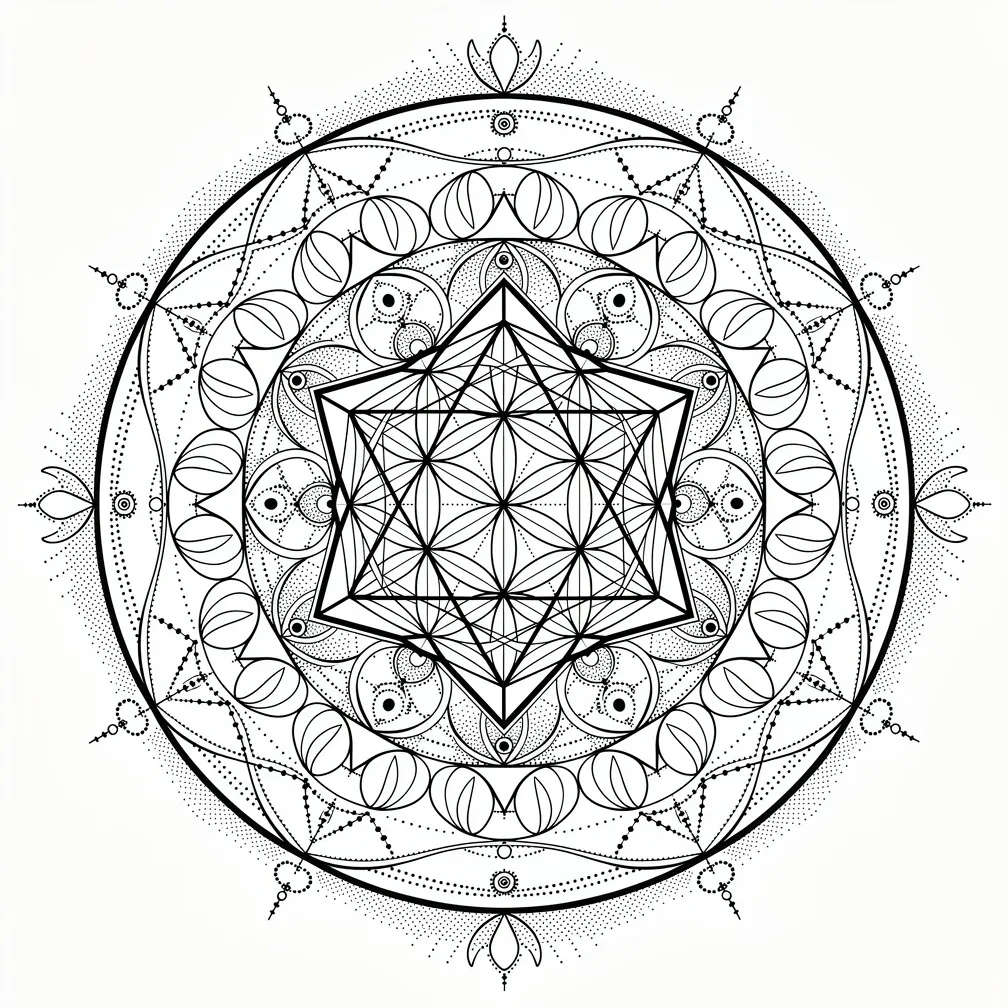 A geometric sacred-geometry design featuring a central Flower of Life, Metatron’s Cube overlay, and radiating golden-ratio spirals in crisp black linework.