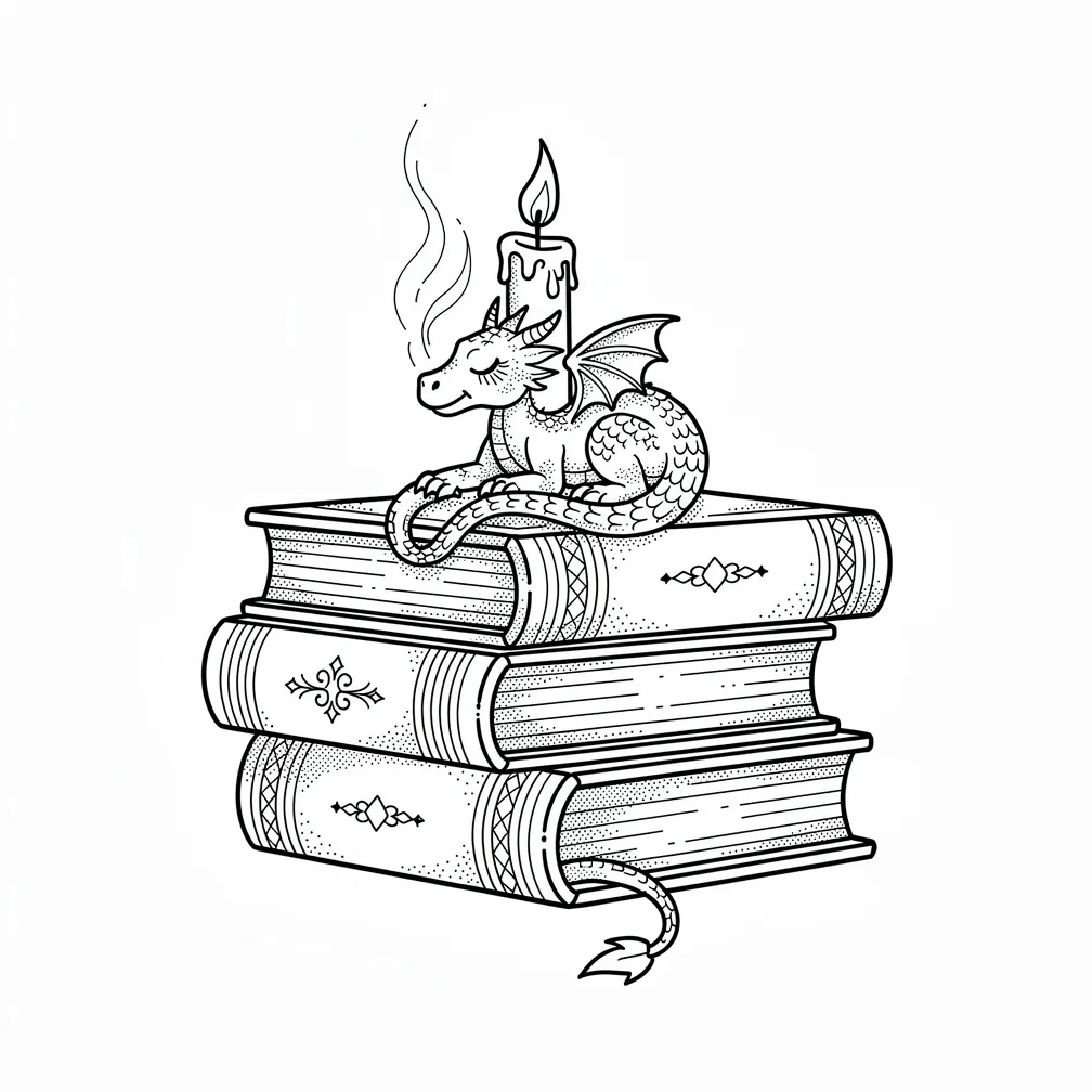 A fine-line stack of books topped by a tiny sleeping dragon curled around a candle, with soft smoke wisps drifting from its nostrils.