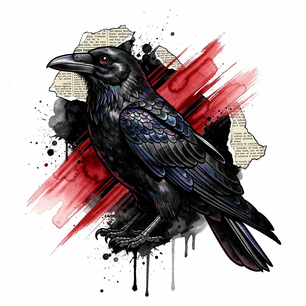 A trash-polka composition of a realistic raven with bold red watercolor brushstrokes, torn newspaper fragments and stark black geometric shapes