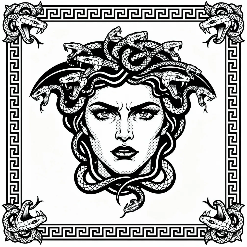A blackwork Medusa portrait with a crown of writhing snakes, framed by an ornate Greek key border and an intense gaze.