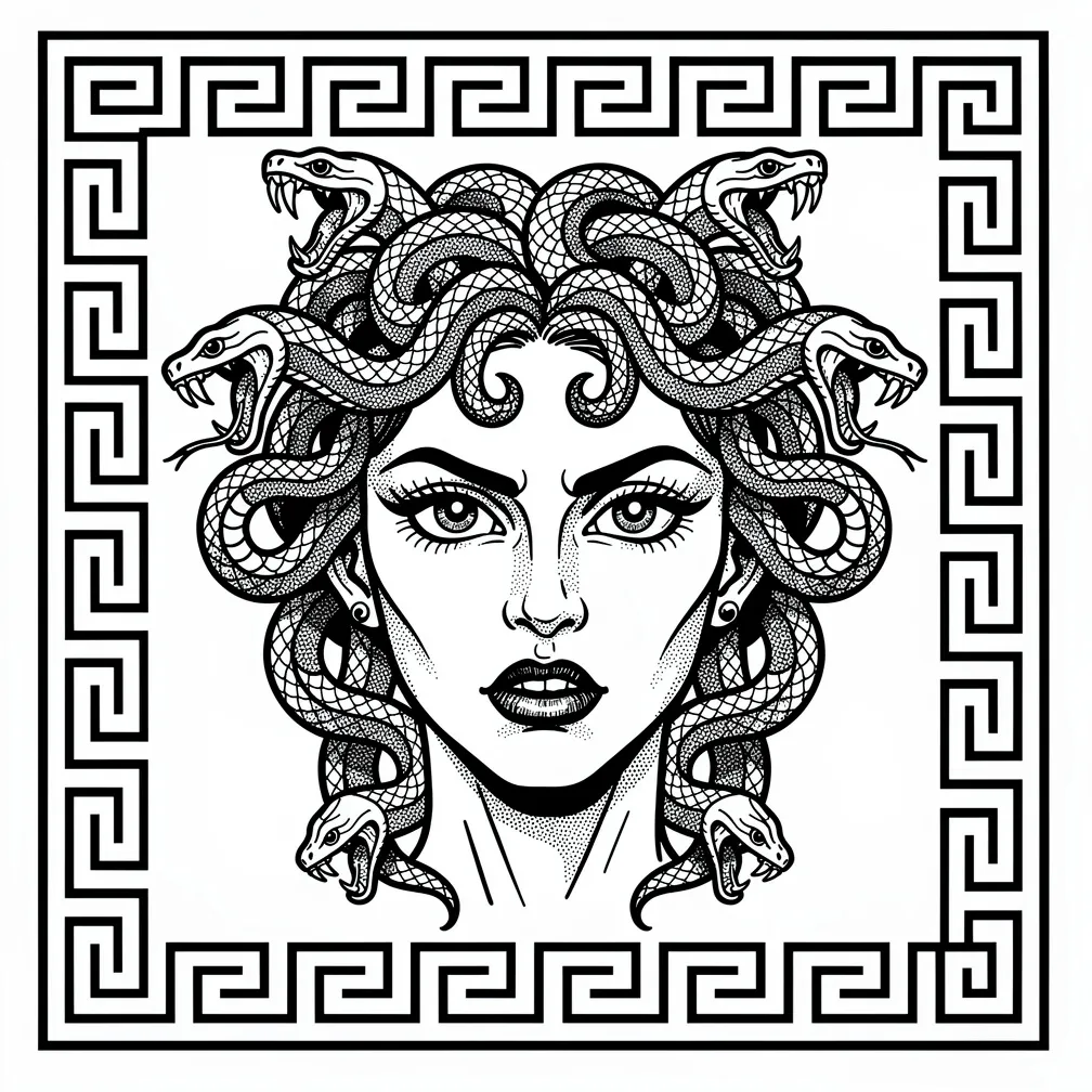 A blackwork Medusa portrait with a crown of writhing snakes and an ornate Greek key border framing her intense gaze