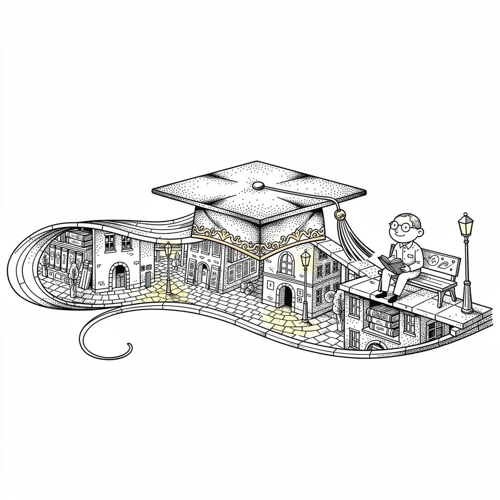 A fine-line weathered mortarboard with an unraveled tassel flowing into a lamp-lit miniature campus, with a small bespectacled scholar on a rooftop bench.