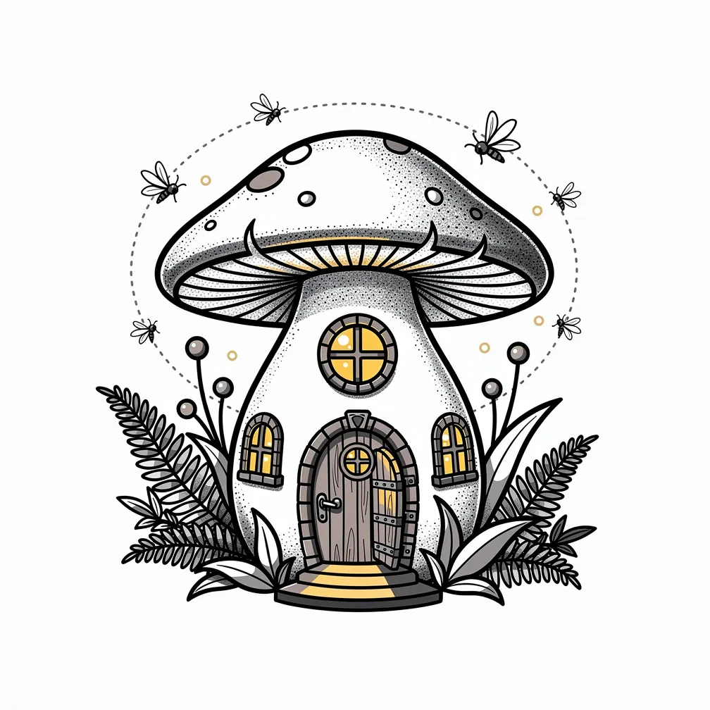 A whimsical watercolor mushroom cottage with a tiny door, warm glowing windows, ferns, and fireflies in a fairy garden scene.