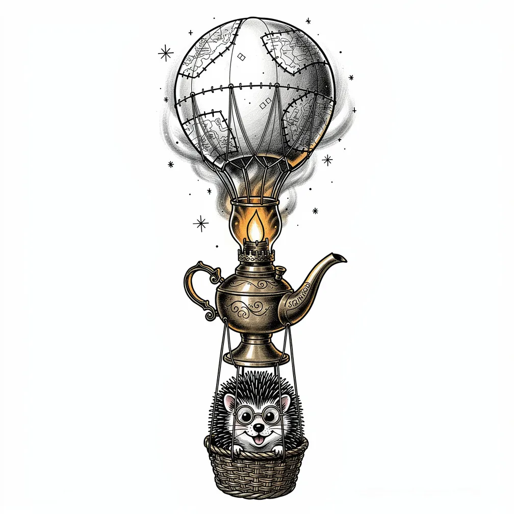 An illustrative antique oil lamp with a flame turning into a stitched-map hot-air balloon, carrying a hedgehog pilot with tiny spectacles at night.
