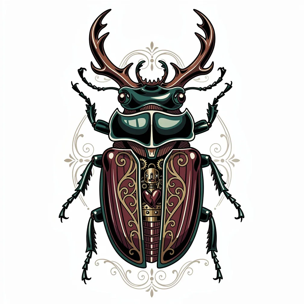 A neo-traditional stag beetle with cathedral-like opened elytra revealing a tiny brass mechanical heart, featuring gleaming mandibles and filigreed antennae.