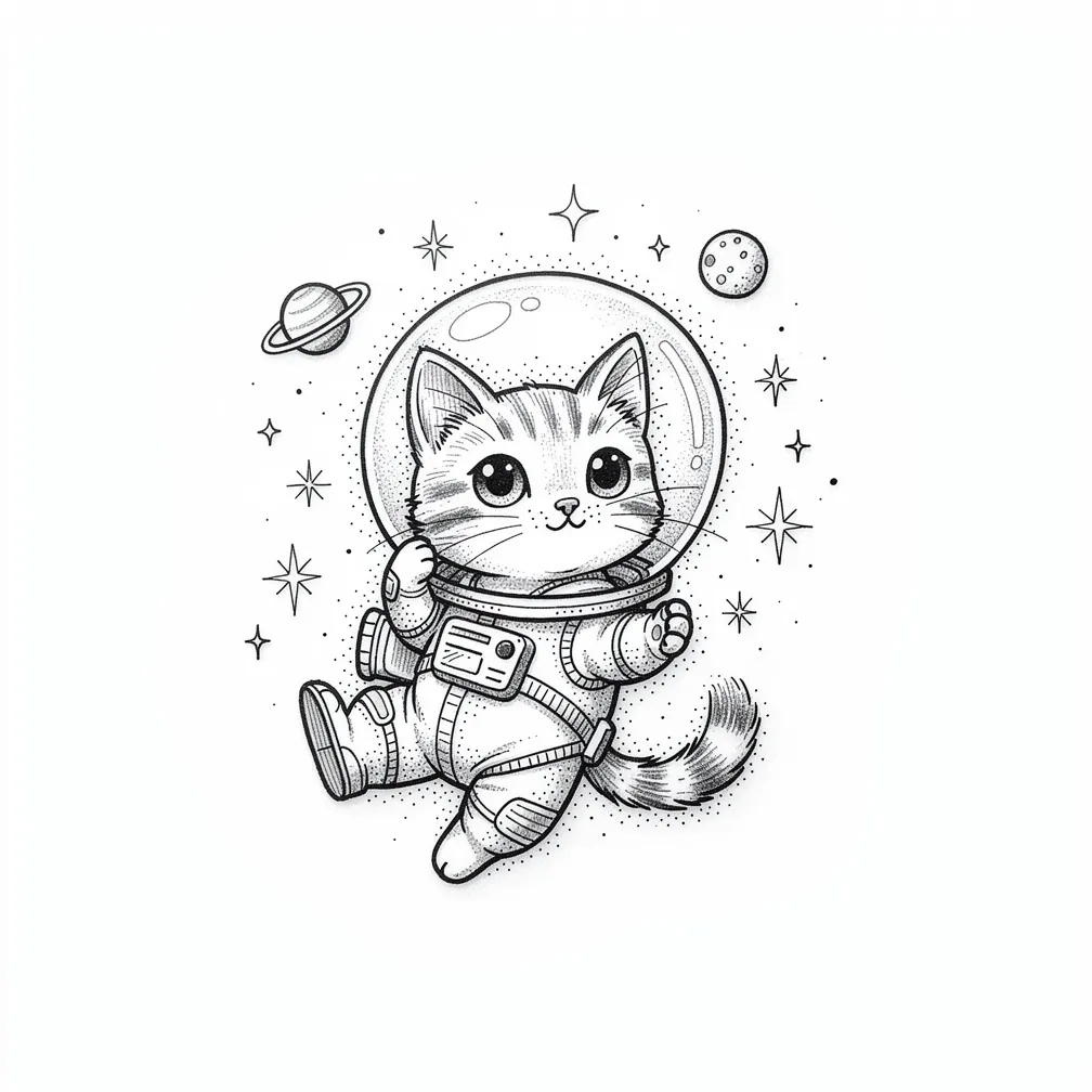 An illustrative tiny cat astronaut floating among stars and planets wearing a clear goldfish-bowl helmet with a small goldfish inside.