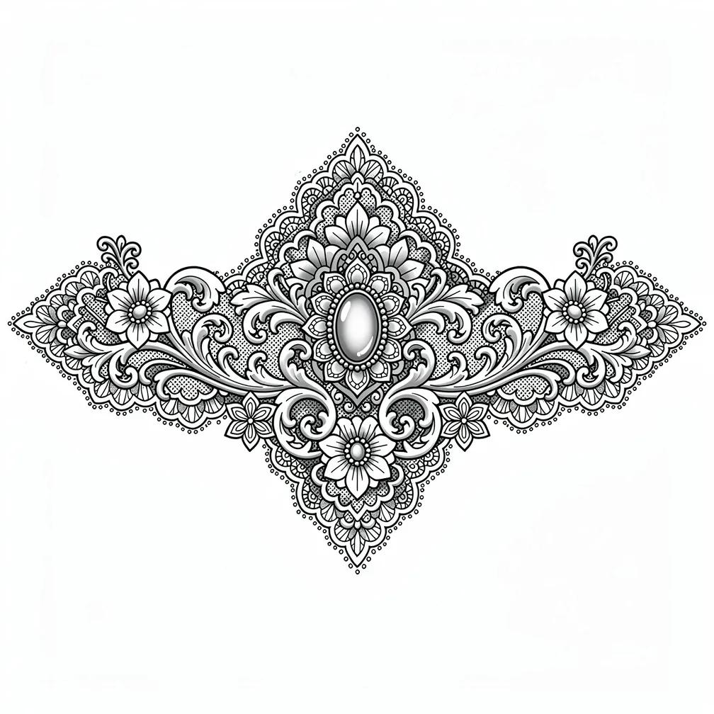 A symmetrical ornamental chest piece with floral filigree, lace-like borders, and jewel accents in an ornate decorative style.