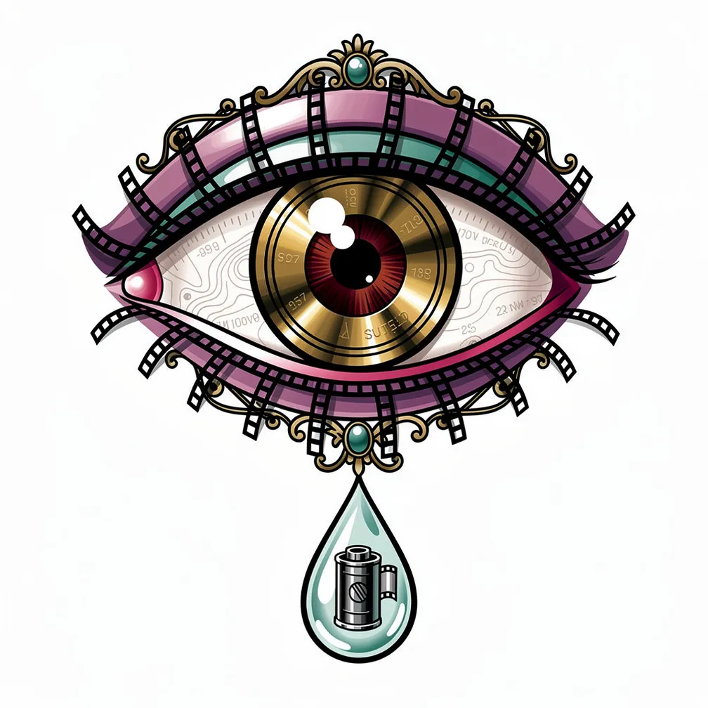 A neo-traditional oversized human eye rendered as a polished brass camera lens, with aperture-blade iris, map-like sclera engraving, film-sprocket lashes, and a tear shaped like a tiny film canister.