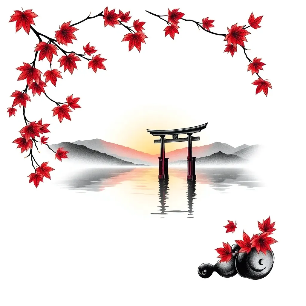 A Japanese-style scene of a torii gate standing in still water at sunset with distant mountains and falling red maple leaves, in rich colors.