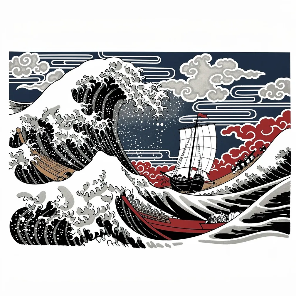 A Japanese-style great wave crashing with foamy spray as a lone sailboat rides the crest beneath a stormy sky.